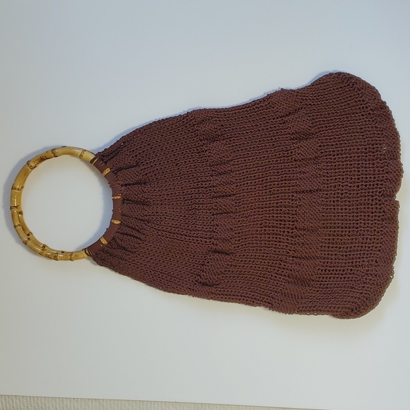 Handbags - Handmade Brown Crocheted Tote Bag with Bamboo Handles